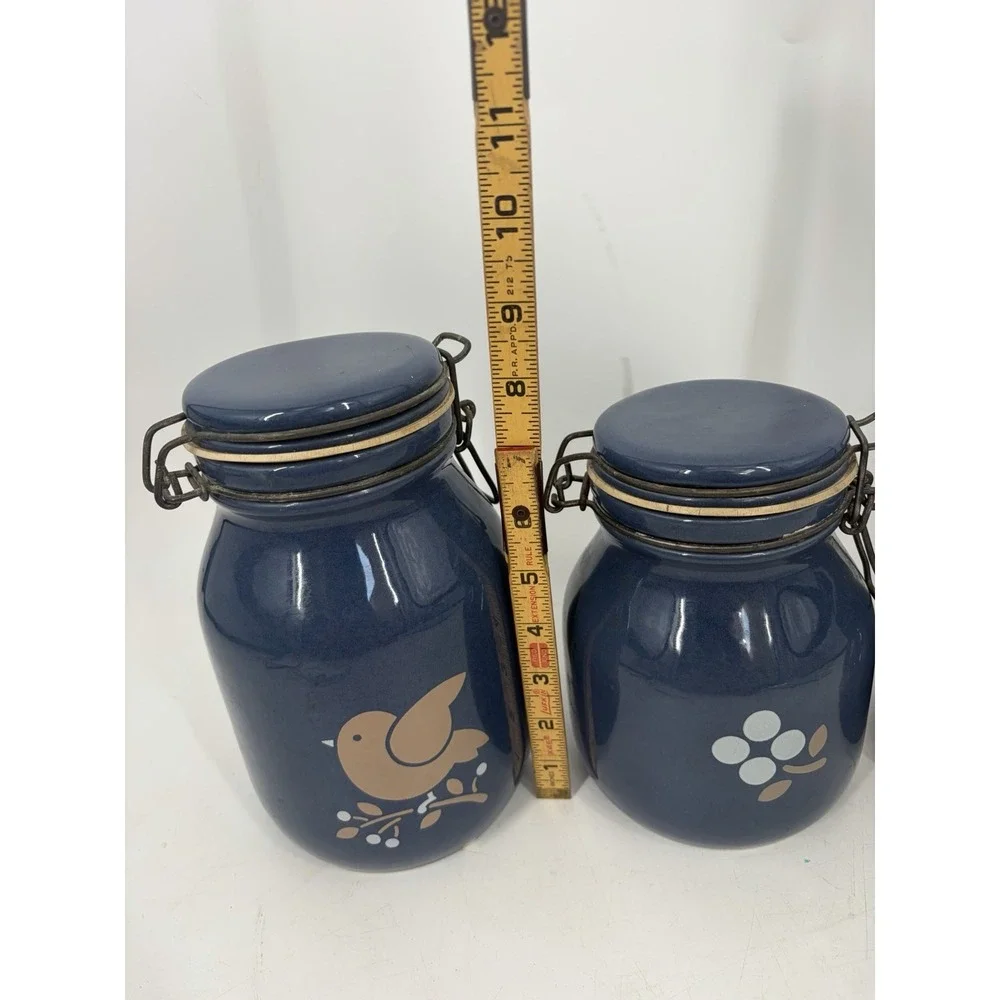 Vintage Stoneware Canister Set 3 Navy Blue Folk Art Bird Heart Clamp Lid